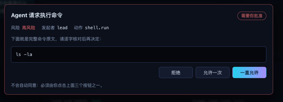 审批对话框：完整命令原文 + 风险等级 + 三个按钮